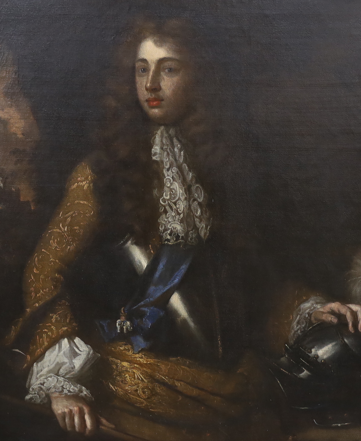 After Sir Godfrey Kneller, oil on canvas, Portrait of a gentleman wearing armour, unframed, 115 x 96cm